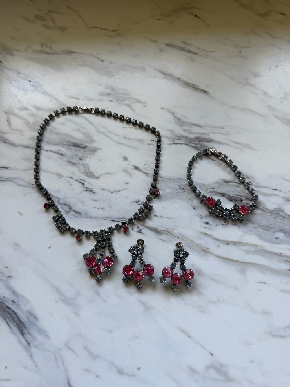 Vintage Rhinestone Jewelry Set Pink Blue Necklace Bracelet Earrings Lot